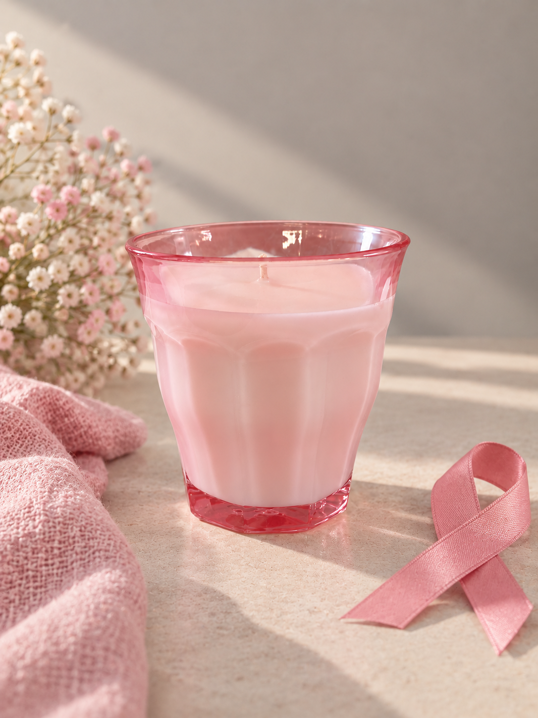 Bougie Octobre Rose SABOU en verre Duralex Picardie rose pâle