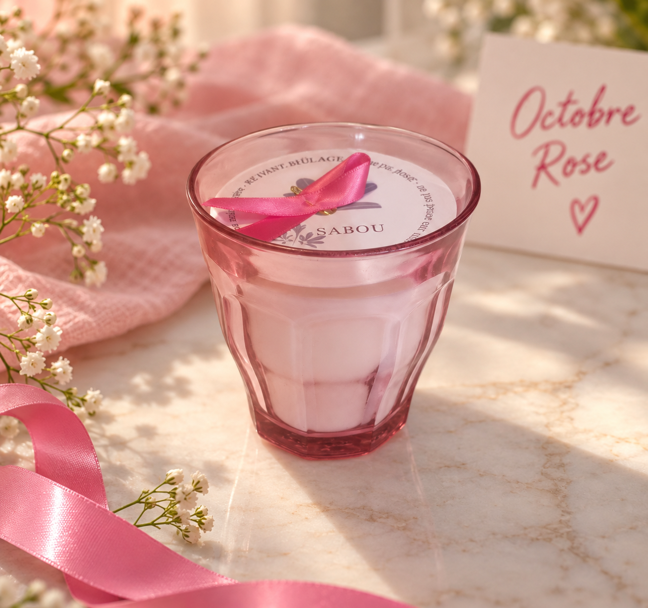 Bougie Octobre Rose SABOU en verre Duralex Picardie rose pâle